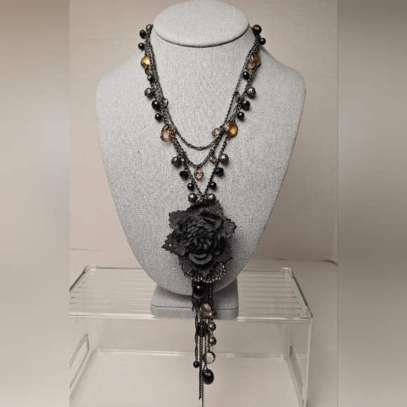 [EXPRESS] Black Chain Multi Layer Statement 《Y》Necklace ☆ Cloth Rose Accent - Picture 1 of 15